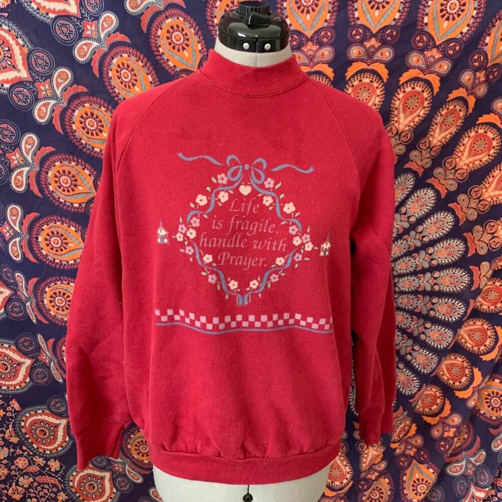 Vintage 90s Maroon "Prayer Is Fragile" Novelty Sweatshirt Size Large